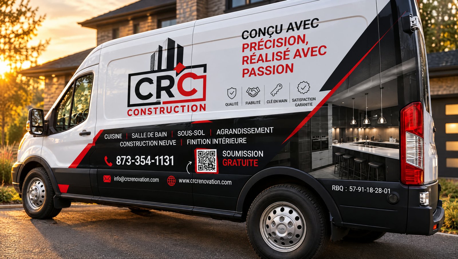Fourgon lettré de Groupe CRC Construction devant une maison rénovée au coucher du soleil