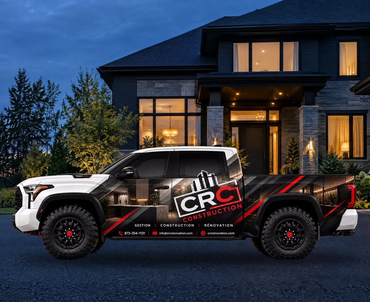 Camion lettré de Groupe CRC Construction stationné devant une maison rénovée