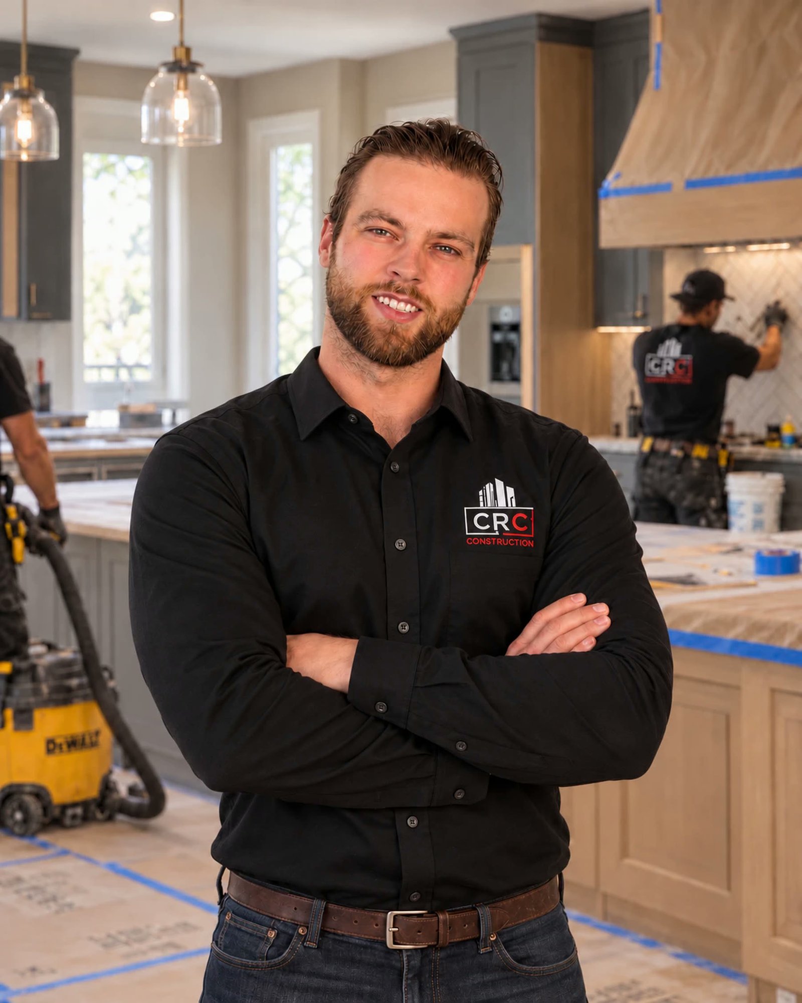 Le propriétaire de Groupe CRC Construction, bras croisés, sur un chantier de rénovation avec son équipe