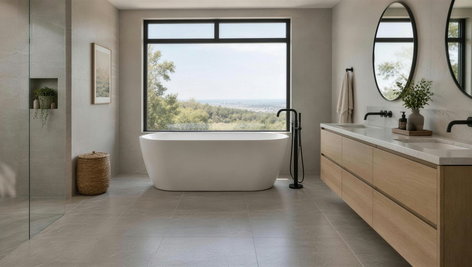 Salle de bain rénovée: baignoire autoportante devant la fenêtre et double vanité en chêne